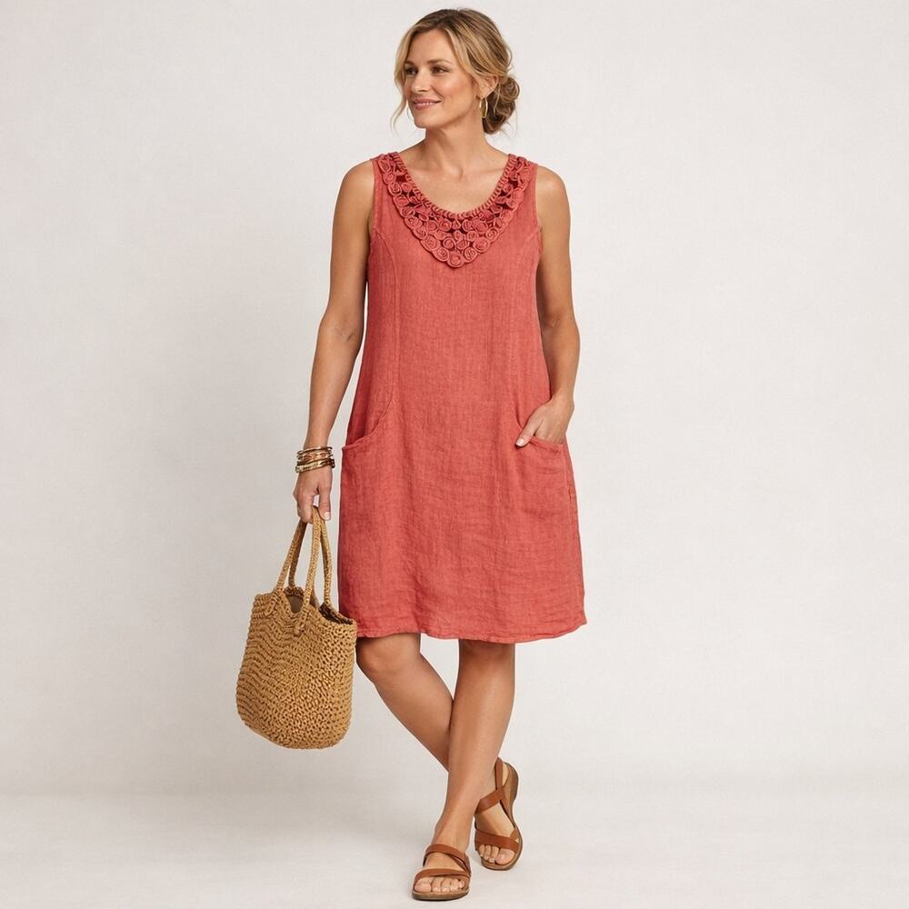 Blu Orchid Rose Pink 100% Linen Shift Sleeveless Dress Size M Made in Italy